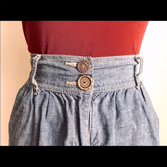 Denim A-Line Mini Skirt: High Waisted Lightweight, Double Bronze Buttons, Sz. M - Picture 3 of 6